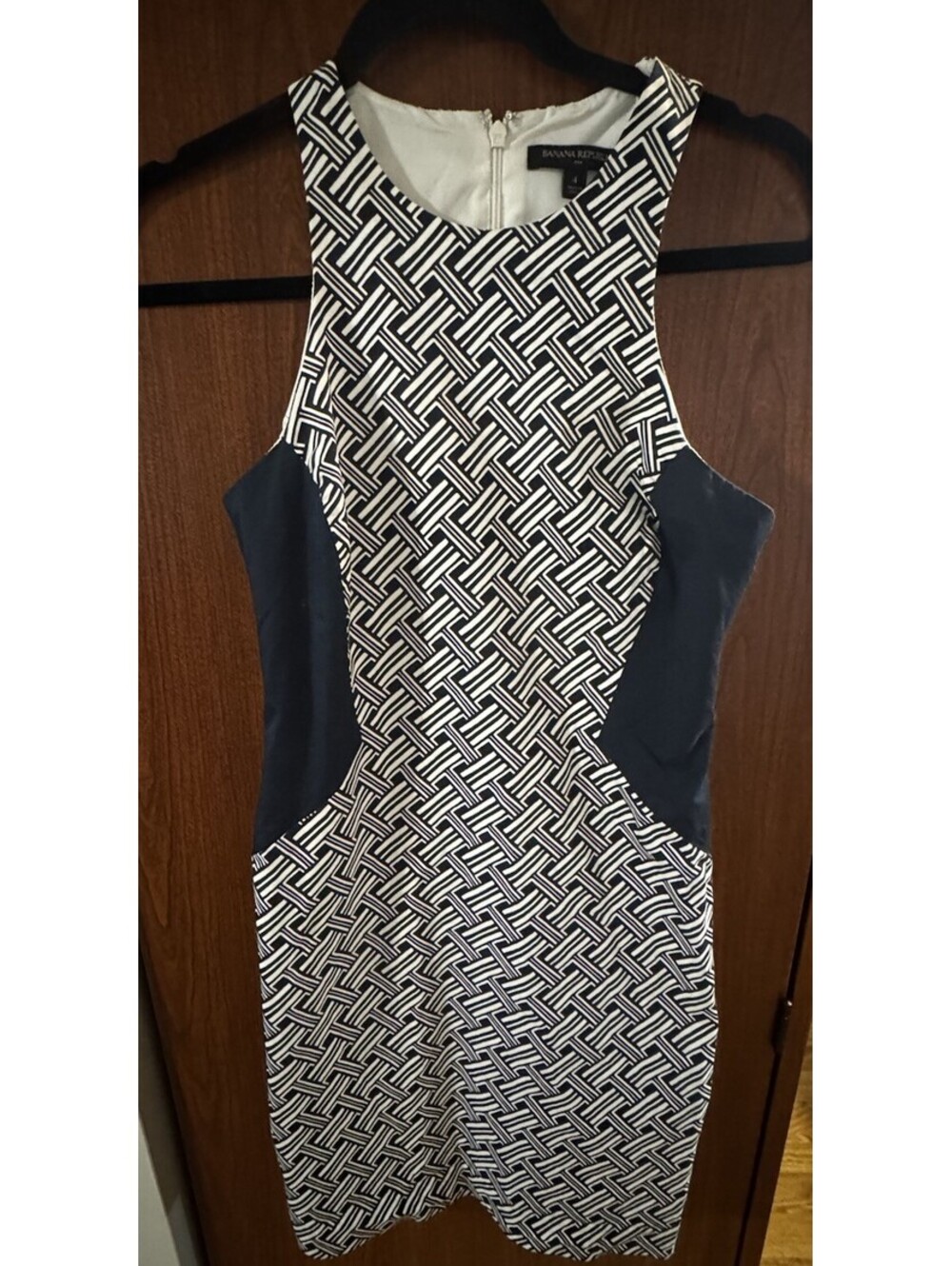 Banana Republic Navy White Geometric Sheath Dress Size 4 Lined Sleeveless